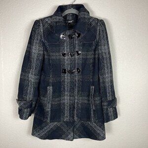 Black Rivet Wool Plaid Toggle Winter Coat in Black White Full Zip Sz M